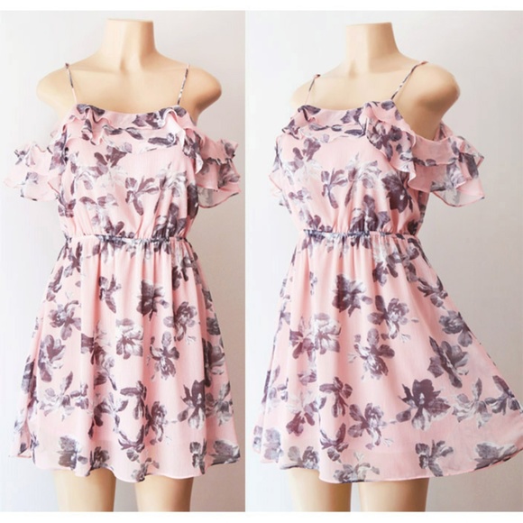 Essue Dresses & Skirts - Pink Floral Ruffle Cold Shoulder Chiffon Dress
